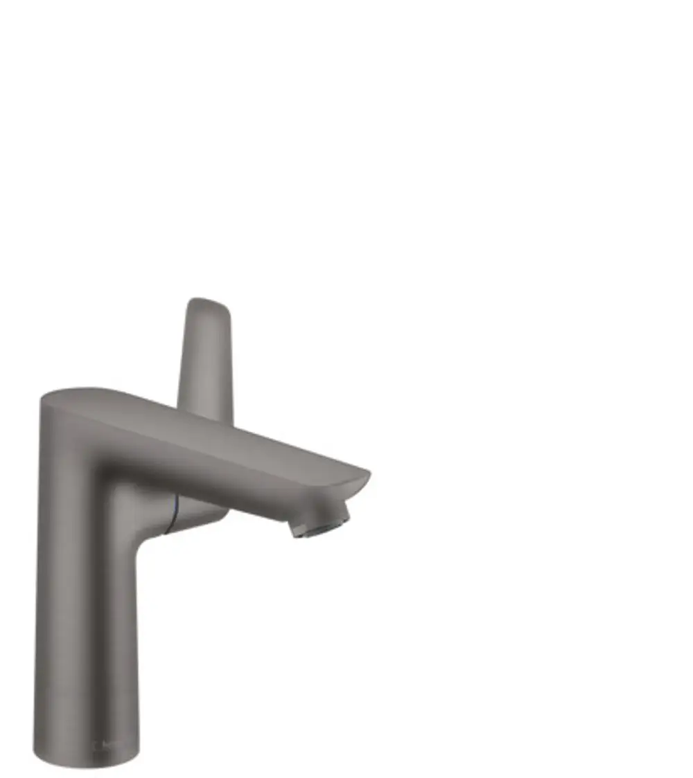 Hansgrohe-Waschtischmischer in Matt-Schwarz. Einhebel-Design mit abgerundeten Kanten und integrierter Zugstangen-Ablaufgarnitur. Ideal für moderne Badezimmer.